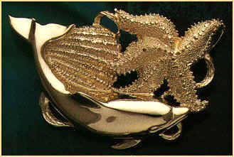 14K gold dolphin, shell, and starfish omega slider