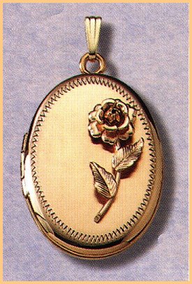 14K gold oval locket with raised rose in 14K gold