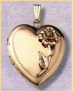 14K gold heart locket with a three-dimensional rose